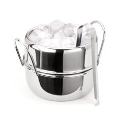 a stainless steel ice bucket with tongs on the handle and an ice cube in it