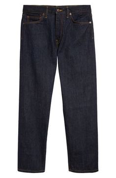 These durable straight-leg jeans are woven from nonstretch Japanese selvedge denim with unique yarn character that distinguishes every pair. 15" leg opening; 11" front rise; 14 1/2" back rise Zip fly with button closure Five-pocket style 100% cotton Machine wash, line dry Made in the USA Designer Clothing Selvedge Straight Fit Jeans For Fall, Dark Wash Straight Selvedge Jeans, Straight Selvedge Jeans In Dark Wash, Straight Selvedge Dark Wash Jeans, Selvedge Jeans With Straight Hem For Fall, Fall Selvedge Jeans With Straight Hem, Relaxed Fit Selvedge Jeans With Straight Leg, Selvedge Straight Leg Dark Wash Jeans, Selvedge Straight Fit Jeans With Standard Cut Leg