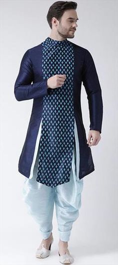 Blue color Dhoti Kurta in Dupion Silk fabric with Printed work Blue Salwar Kameez With Bandhani Print And Traditional Drape, Fitted Blue Kurta With Traditional Patterns, Blue Kurta With Self Design For Transitional Season, Transitional Blue Kurta With Self Design, Blue Bandhani Print Salwar Kameez For Festivals, Blue Kurta With Bandhani Print, Blue Bandhani Print Salwar Kameez For Festive Occasions, Blue Art Silk Kurta For Diwali, Blue Cotton Traditional Wear With Traditional Patterns