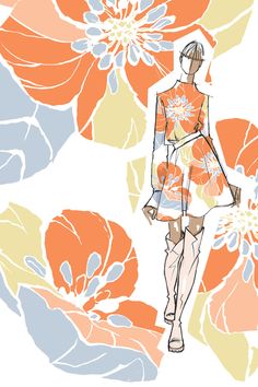 a drawing of a woman walking down the runway with flowers in the back ground and behind her