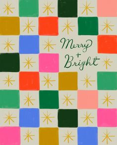 merry bright greeting card with multicolored squares