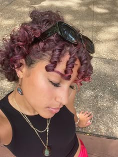 Pink Underneath Hair Curly, Red Violet Curly Hair, Cherry Red Hair Curly Short, Red Purple Curly Hair, Short Purple Curly Hair, Black Cherry Curly Hair, Dark Pink Curly Hair, Wine Curly Hair, Black Cherry Hair Color Curly Hair