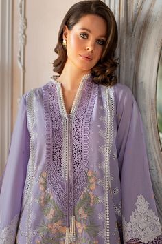 Lilac Chikankar Kameez Salwar Pakistani Party Wear comes in and Embroidered Center Panel, Side Panels, Embroidered Sleeves, Embroidered Sleeves Border, Lace Neckline, Lace Patches for Slits, and Lace Borders. It is paired with Embroidered Net Dupatta, Embroidered Dupatta Length Border, Embroidered Dupatta Pallu Border, it has Plain Dyed Back, paired with Plain Dyed Trouser Detailed Description: SKU: PN221 Detailing: Embroidery, Threads, Floral designs Color: Lilac Fabric: Lawn Design: Fully Embr Suit With Lace, Types Of Suits, Sobia Nazir, Pakistani Boutique, Code Design, Eid Dress, Lace Suit, Lawn Design, Pakistani Designer Clothes