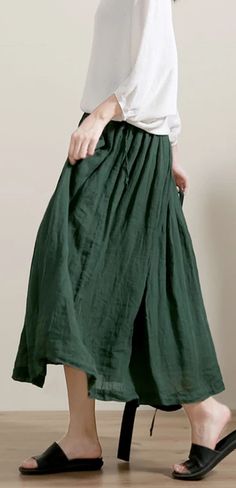 Women's Skirts Summer Linen Skirt Plain Long Skirt For Summer, Green Non-stretch Skirt With Elastic Waistband, Bohemian Style Solid Color Lined Skirt Bottoms, Casual Long Stretch Skirt, Green Non-stretch Maxi Skirt, Non-stretch Green Long Skirt, Casual Green Long Skirt, Green Non-stretch Long Skirt, Bohemian Solid Color Lined Skirt