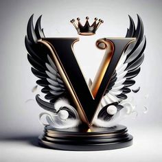 the letter v with wings and a crown on top is shown in black and gold