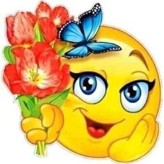 a smiley face holding flowers and a butterfly