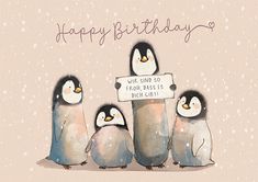 three penguins holding a sign saying happy birthday to you from dads and granddaughters