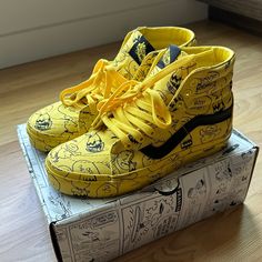 Vans X Peanuts Sk8-Hi Reissue In Size 5 (Youth/Big Kids), Equivalent To Size 6.5 In Women’s. These Were Originally Released In 2017 And Have Not Been Brought Back By Vans. Verrrry Gently Used, Worn Once. I’m Hoping Someone Else Will Get More Use Out Of These Than I Did. Comes With Original Box. No Holds. Final Sale. Vans Yellow, Shoes Vans, Sk8 Hi, Swaggy Outfits, Womens Vans, Converse Shoes, Vans Shoes, Yellow Black, Black N Yellow