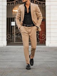 Tan Suit Men, Cocktail Party Outfit Men, Black Shirt Outfit Men, Brown Suits For Men, Coat Pant For Men, Black Shirt Outfits, Men Dressing, Suits Ideas