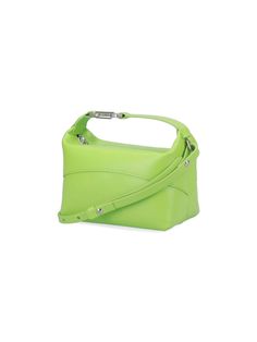 Eéra 'Moon' handbag, green leather, one top handle, removable adjustable shoulder strap, silver logo hook detail, zipper closure, one main interior compartment. Composition: 100% Leather Designer Green Satchel With Palladium Hardware, Green Top Handle Bag With Palladium Hardware, Green Shoulder Bag With Double Handle And Palladium Hardware, Green Top Handle Shoulder Bag With Silver-tone Hardware, Green Shoulder Bag With Palladium Hardware And Double Handle, Trendy Top Handle Shoulder Bag With Palladium Hardware, Green Satchel With Palladium Hardware, Green Satchel With Palladium Hardware And Top Handle, Designer Green Satchel With Detachable Handle