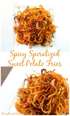 two pictures of shredded sweet potato fries on a plate with the words spicy sprinkled sweet potato fries