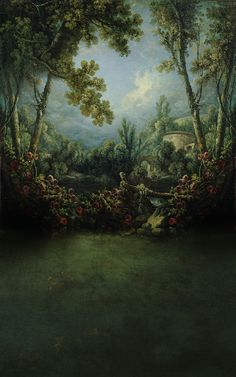 an image of a painting with trees and flowers in the foreground, surrounded by greenery