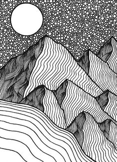 a black and white drawing of mountains with stars in the sky