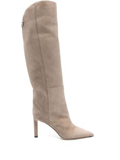 taupe calf suede panelled design slip-on style gold-tone logo plaque strap detailing pointed toe branded leather insole 85mm high heel leather and rubber outsole knee-high Luxury Calf Leather Knee-high Boots, Luxury Suede Boots With Sculpted Heel, Calf Leather Heeled Boots With Suede Lining, Luxury Calf Leather Knee-high Heeled Boots, Luxury Suede Knee-high Boots For Formal Occasions, Luxury Suede Knee-high Boots For Formal Events, Luxury Formal Suede Knee-high Boots, Luxury Pointed Toe Heeled Boots With Suede Lining, Luxury Suede Knee-high Boots With Pointed Toe