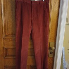 Corduroy Pants , Cranberry Color, Inseam 30.5, Rise 12.5. Fitted Corduroy Pants With Tapered Leg, Fitted Corduroy Tapered Leg Pants, Fitted Tapered Leg Corduroy Pants, Red Slim Fit Cotton Chinos, Fitted Red Cotton Chinos, Fitted Corduroy Full-length Pants, Fitted Full-length Corduroy Pants, Burgundy Cotton Pants For Work, Red Straight Leg Corduroy Bottoms