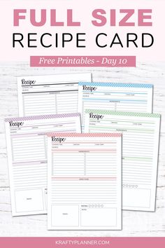 the full size recipe card with free printables is shown in four different colors