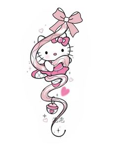 a drawing of a hello kitty holding a pink ribbon with hearts on it's side