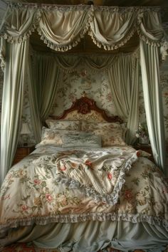 the canopy bed is made up with white sheets and drapes on it's sides