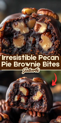 chocolate pecan pie brownie bites are stacked on top of each other with nuts