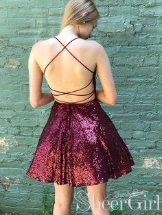 Sparkly Burgundy Homecoming Dresses Backless A-line Mini Party Dress ARD2443-SheerGirl Short Formal Dresses Classy, Lilac Short Dress, Simple Cocktail Dress, Burgundy Homecoming Dress, Backless Homecoming Dresses, Cocktail Dress Short, Burgundy Homecoming Dresses, Cocktail Dress Classy, Sequin Homecoming Dress