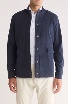 A stand collar punctuates this streamlined jacket with an extra element of timeless sophistication. Front snap closure Stand collar Front flap pockets 41% rayon, 28% cotton, 28% polyester, 3% elastane Machine wash, tumble dry Imported A Stand, Flap Pocket, Stand Collar, Snap Closure, Nordstrom Rack, Denim Jacket, Coats Jackets, Nordstrom, Mens Outfits