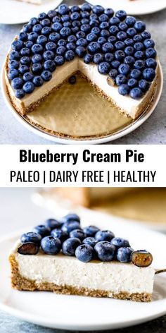 blueberry cream pie on a white plate with the text overlay