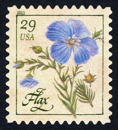 a postage stamp with blue flowers on it