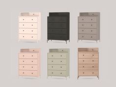 six dressers with different colors and sizes on each one, including black, white, gray, pink, green