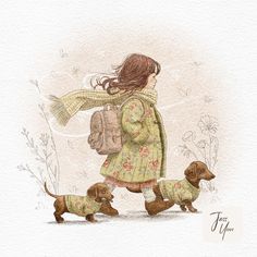 a drawing of a woman walking two dogs