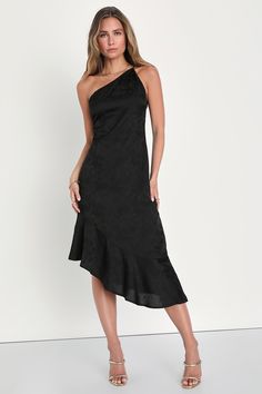 Be ready for any soiree with the Lulus Sweet and Stylish Black Jacquard One-Shoulder Midi Dress! Lightweight woven jacquard fabric, with a floral design throughout, shapes this sweet dress that has a one-shoulder neckline that's supported by dual adjustable straps. A darted bodice tops a column silhouette that ends at a ruffled asymmetrical midi hem. Hidden back zipper/clasp. Sangria Dress, Midi Bridesmaid Dress, Black Knee Length Dress, High Low Midi Dress, Asymmetrical Midi Dress, One Shoulder Midi Dress, Bodice Top, Lulu Fashion, Floral Jacquard