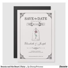 save the date card with an image of a bell and rose on it in black