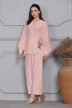 Embroidered Loungewear Sets For Spring, Spring Embroidered Loungewear Sets, Embroidered Long Sleeve Loungewear Sets, Casual Sets With Resham Embroidery For Spring, Spring Embroidered Sets With Straight Pants, Embroidered Spring Sets With Straight Pants, Spring Sets With Embroidered Straight Pants, Panel Shirt, Pink Thread