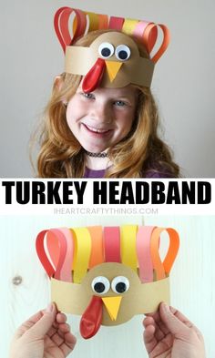 a girl holding up a turkey headband made out of construction paper with the words turkey headband on it