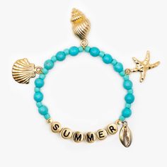 La Dolce Vita 🩵🐚 a collection inspired by the colors and beauty of an Italian Summer. Turquoise howlite gemstones (6mm) paired with turquoise seed beads (4mm), gold plated charms, 14k gold filled end beads (4mm) and your choice of white or gold letters Gold Letter Beads: Standard letters and numbers only 14K IP 7mm gold plated brass with black enamel Spaces will be represented by 2.5mm 14K gold-filled round bead Please note that our bracelets are not intended to be worn by children 5 and under Gold Beaded Bracelets With Letter Beads For Vacation, Gold Beaded Charm Bracelet For Beach, Turquoise Jewelry With 8mm Beads For The Beach, Turquoise Beaded Bracelets With 8mm Beads For Beach, Gold Letter Beads Jewelry For Vacation, Gold Bracelet With Letter Beads For Summer, Summer Gold Bracelets With Letter Beads, Gold Bracelets With Round Beads For Vacation, Gold Beaded Bracelets For Vacation