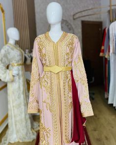 Traditional V-neck Abaya For Wedding, Eid Floor-length Kaftan With Traditional Patterns, Traditional Long Sleeve Georgette Abaya, Traditional Pink Floor-length Abaya, Long Sleeve Georgette Kaftan With Dabka Work, Traditional Floor-length Pink Abaya, Long Pink Embroidered Kaftan, Long Embroidered Pink Kaftan, Traditional Long Pink Abaya