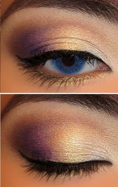 purple and gold eye shadow Gold Eye Makeup, Makeup Tip, Purple Eye Makeup, Make Up Inspiration, Gold And Purple, Gold Eyeshadow, Purple Eyeshadow, Joan Smalls, Gold Eyes