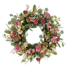 a wreath with pink flowers and green leaves