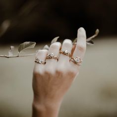 a woman's hand with three rings on it and a leaf in the background