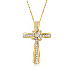 Ross-Simons - .20ct t. w. Diamond Cross Pendant Necklace in 14kt Yellow Gold. 18". .20 ct. t. w. diamonds add sparkle to this beautiful cross pendant necklace. Crafted in 14kt yellow gold. Suspends from a rope chain with a 2" extender. Springring clasp, diamond cross pendant necklace. Diamond birthstones are the perfect gift for April birthdays. Cross-shaped Diamond Necklace With Single Cut Diamonds, Formal Diamond White Cross Diamond Necklace, Anniversary Diamond Cross Necklace With Accents, Anniversary Cross Diamond Necklace With Accents, Formal Diamond Necklace With Cross Pendant And Diamond Accents, Formal Cross Pendant Diamond Necklace With Accents, Formal Diamond Cross Pendant Necklace With Accents, Formal Diamond Cross Necklace With Accents, Formal Cross Diamond Necklace With Accents