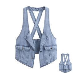 Premium Quality Lady Denim Waistcoat Gilet Vest Sleeveless Jacket Jeans Tops Back Cross Straps, women's tops Sleeveless Jean Jackets, Upcycling Clothes, Denim Waistcoat, Diy Vetement, Denim Ideas, Vest Women, Jeans Tops, Ladies Tops, Tops Fashion