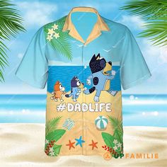 Introducing the Bluey Bluey Dad Life Shirt Hawaiian Shirt, the ultimate fusion of style, comfort, and parenthood pride! This iconic Blue Relaxed Fit T-shirt For Father's Day, Fun Printed Blue Shirt, Fun Blue Printed Shirt, Blue Cotton T-shirt For Family Vacation, Blue Cotton Tops For Family Vacation, Blue Graphic Print T-shirt For Family Vacation, Relaxed Fit Blue Shirt For Beach Season, Blue Relaxed Fit Shirt For Beach Season, Fun Blue Short Sleeve Shirt