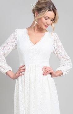 Lauren Lace Dress (Ivory) by Alie Street Sweet Wedding Dresses, Annie Dress, Kimono Gown, Georgia Dress, Tiffany Rose, Ultra Feminine, Ivory Silk, Ivory Lace, Flared Skirt