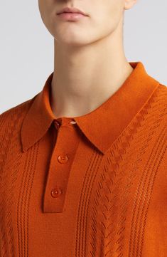 Add a pop of color with throwback style in a woolly pointelle-stitched polo sweater that's ready for work days and weekend nights. 27" length (size Medium) Button half-placket Spread collar Short sleeves 50% wool, 50% acrylic Dry clean or hand wash, dry flat Imported Certified to the Responsible Wool Standard (RWS) to meet rigorous animal-welfare and land-management requirements Blue Desert, Desert Sun, Land Management, Mens Sweater, Polo Sweater, Animal Welfare, Fall Sweaters, Polo Collar, Thor