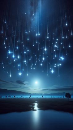 the sky is filled with stars and hanging from it's ceiling over a body of water