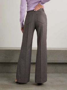 VICTORIA BECKHAM Alina wool-jacquard flared pants | NET-A-PORTER Retro Workwear Bottoms With Patch Pockets, Retro Wide Leg Pants For Work In Fall, Retro Wide-leg Pants For Workwear, Retro Wool Bottoms For Fall, Retro Formal Bottoms For Fall, Flat Dress Shoes, Dress Flats, Flared Pants, Wool Pants