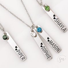 ✨This Personalized Pendant Necklace comes with your personalized name(s) on each pendant along with a birthstone.  Great gift for New Moms, New Grandmas, Mothers to Be or Long-Time Moms.✨ *Includes: 1 Stainless Steel Pendant Necklace *Professionally Engraved for a permanent design that will NOT fade over time *100% Designed and Handmade in California, USA *Shipping Upgrades Available at Checkout *Size & Material: HIGH Quality Stainless Steel: 1.5 inch x 0.25 inch. Chain is 18 inches with 2 inch Customized Nameplate Charm Necklace As Gift For Mom, Customized Nameplate Charm Necklace For Mom, Custom Name Birthstone Necklace For Mother's Day, Customized Silver Birthstone Necklace For Personalized Gift, Customized Silver Birthstone Necklace As Personalized Gift, Adjustable Personalized Nameplate Charm Necklace, Custom Name Stainless Steel Necklace For Mother's Day, Personalized Name Jewelry In Stainless Steel As Gift, Customizable Stainless Steel Necklaces - Gift For Mom