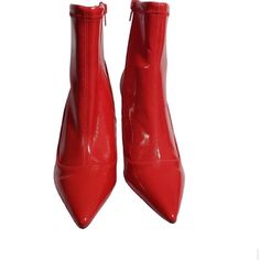 3-3/4" Stiletto Heel. Pointed-Toe Booties With Inner Ankle Zipper Closure. Cushioned Insole For Added Comfort. They Run Small Red Ankle-high Heels With 4-inch Heel, Red Sole High Heels With Medium Width, Red Sole High Heels Medium Width, Red Sole High Heels Of Medium Width, Ankle-high Heels With Red Sole, Red Patent Leather Heels For Fall, Ankle-high Red Heels For Formal Occasions, Trendy Heels With Red Sole And Medium Width, Trendy Ankle-high Heels With Red Sole