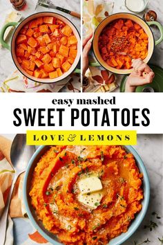 sweet potatoes in bowls with butter on top and the words easy mashed sweet potatoes above them