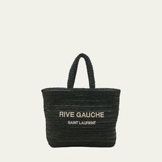 Saint Laurent tote bag in raffia-like fabric  Feature embroidered "Rive Gauche" logo at front  One main interior compartment One zip-up pocket Flat top handles, 7.1" drop Open top  Bronze hardware. Approx. 13.7"W x 14.9"W x 5.7"D Unlined interior Made in Italy Saint Laurent Rive Gauche Tote, Saint Laurent Tote Bag, Ysl Rive Gauche, Saint Laurent Tote, Bronze Hardware, Rive Gauche, Flats Top, Open Top, Zip Up