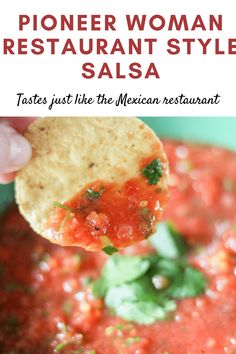 a hand holding a tortilla chip over a bowl of salsa with the title text above it